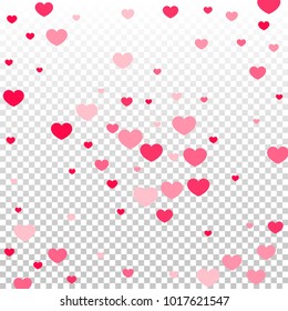 Pink Hearts Confetti Falling on Transparent. Valentine's Day Pattern. Romantic Scattered Hearts Cute Texture. Love. Sweet Moment. Cards, Banners, Posters, Flyers, Sales, Brochure, Wallpaper.