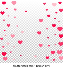 Pink Hearts Confetti Falling on Transparent. Valentine's Day Pattern. Romantic Scattered Hearts Cute Texture. Love. Sweet Moment. Gift. Wedding. Anniversary, Birthday. Vector Illustratuion.