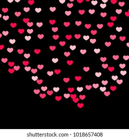 Pink Hearts Confetti Falling on Black Background. Valentine's Day Pattern. Romantic Scattered Hearts Cute Texture. Love. Sweet Moment. Gift. Wedding. Anniversary, Birthday. Vector Illustratuion.