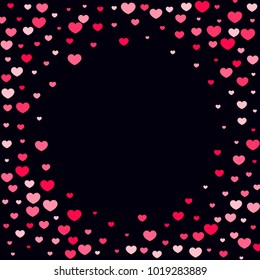 Pink Hearts Confetti Falling on Black Background. Valentine's Day Pattern. Romantic Scattered Hearts Cute Texture. Love. Sweet Moment. Gift. Wedding. Anniversary, Birthday. Vector Illustratuion.