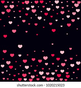 Pink Hearts Confetti Falling on Black Background. Valentine's Day Pattern. Romantic Scattered Hearts Design Element. Love. Sweet Moment. Cards, Banners, Posters, Flyers, Sales, Brochure, Wallpaper.