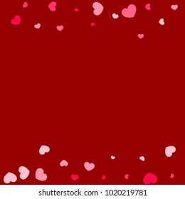Pink Hearts Confetti Falling on Red Background. Valentine's Day Pattern. Romantic Scattered Hearts Cute Texture. Love. Sweet Moment. Cards, Banners, Posters, Flyers, Sales, Brochure, Wallpaper.