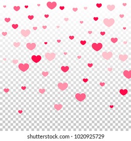 Pink Hearts Confetti Falling on Transparent. Valentine's Day Pattern. Romantic Scattered Hearts Design Element. Love. Sweet Moment. Gift. Wedding. Anniversary, Birthday. Vector Illustratuion.