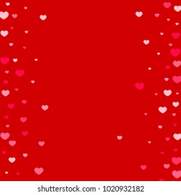 Pink Hearts Confetti Falling on Red Background. Valentine's Day Pattern. Romantic Scattered Hearts Design Element. Love. Sweet Moment. Cards, Banners, Posters, Flyers, Sales, Brochure, Wallpaper.