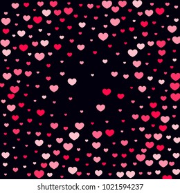 Pink Hearts Confetti Falling on Black Background. Valentine's Day Pattern. Romantic Scattered Hearts Design Element. Love. Sweet Moment. Cards, Banners, Posters, Flyers, Sales, Brochure, Wallpaper.
