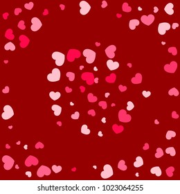 Pink Hearts Confetti Falling on Red Background. Valentine's Day Pattern. Romantic Scattered Hearts Cute Texture. Love. Sweet Moment. Gift. Wedding. Anniversary, Birthday. Vector Illustratuion.