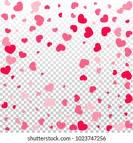 Pink Hearts Confetti Falling on Transparent. Valentine's Day Pattern. Romantic Scattered Hearts Cute Texture. Love. Sweet Moment. Gift. Wedding. Anniversary, Birthday. Vector Illustratuion.