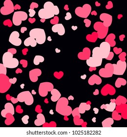Pink Hearts Confetti Falling on Black Background. Valentine's Day Pattern. Romantic Scattered Hearts Cute Texture. Love. Sweet Moment. Gift. Wedding. Anniversary, Birthday. Vector Illustratuion.
