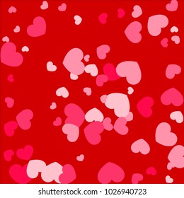 Pink Hearts Confetti Falling on Red Background. Valentine's Day Pattern. Romantic Scattered Hearts Cute Texture. Love. Sweet Moment. Cards, Banners, Posters, Flyers, Sales, Brochure, Wallpaper.