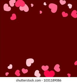 Pink Hearts Confetti Falling on Red Background. Valentine's Day Pattern. Romantic Scattered Hearts Cute Texture. Love. Sweet Moment. Cards, Banners, Posters, Flyers, Sales, Brochure, Wallpaper.