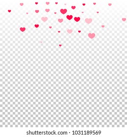 Pink Hearts Confetti Falling on Transparent. Valentine's Day Pattern. Romantic Scattered Hearts Cute Texture. Love. Sweet Moment. Gift. Wedding. Anniversary, Birthday. Vector Illustratuion.