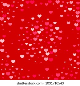 Pink Hearts Confetti Falling on Red Background. Valentine's Day Pattern. Romantic Scattered Hearts Cute Texture. Love. Sweet Moment. Gift. Wedding. Anniversary, Birthday. Vector Illustratuion.