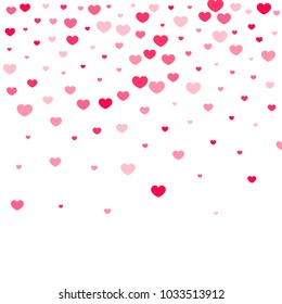 Pink Hearts Confetti Falling on White Background. Valentine's Day Pattern. Romantic Scattered Hearts Design Element. Love. Sweet Moment. Gift. Wedding. Anniversary, Birthday. Vector Illustratuion.