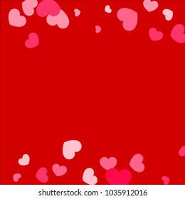 Pink Hearts Confetti Falling on Red Background. Valentine's Day Pattern. Romantic Scattered Hearts Cute Texture. Love. Sweet Moment. Gift. Wedding. Anniversary, Birthday. Vector Illustratuion.