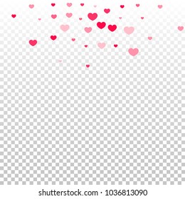 Pink Hearts Confetti Falling on Transparent. Valentine's Day Pattern. Romantic Scattered Hearts Cute Texture. Love. Sweet Moment. Gift. Wedding. Anniversary, Birthday. Vector Illustratuion.