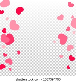 Pink Hearts Confetti Falling on Transparent. Valentine's Day Pattern. Romantic Scattered Hearts Cute Texture. Love. Sweet Moment. Cards, Banners, Posters, Flyers, Sales, Brochure, Wallpaper.