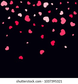 Pink Hearts Confetti Falling on Black Background. Valentine's Day Pattern. Romantic Scattered Hearts Cute Texture. Love. Sweet Moment. Gift. Wedding. Anniversary, Birthday. Vector Illustratuion.