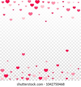 Pink Hearts Confetti Falling on Transparent. Valentine's Day Pattern. Romantic Scattered Hearts Design Element. Love. Sweet Moment. Gift. Wedding. Anniversary, Birthday. Vector Illustratuion.