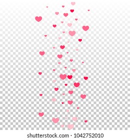 Pink Hearts Confetti Falling on Transparent. Valentine's Day Pattern. Romantic Scattered Hearts Design Element. Love. Sweet Moment. Gift. Wedding. Anniversary, Birthday. Vector Illustratuion.