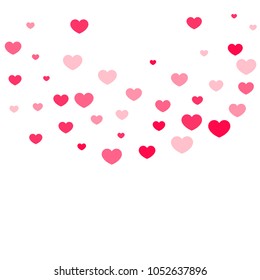 Pink Hearts Confetti Falling on White Background. Valentine's Day Pattern. Romantic Scattered Hearts Cute Texture. Love. Sweet Moment. Gift. Wedding. Anniversary, Birthday. Vector Illustratuion.