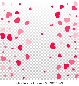 Pink Hearts Confetti Falling on Transparent. Valentine's Day Pattern. Romantic Scattered Hearts Design Element. Love. Sweet Moment. Cards, Banners, Posters, Flyers, Sales, Brochure, Wallpaper.