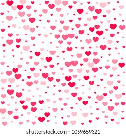 Pink Hearts Confetti Falling on White Background. Valentine's Day Pattern. Romantic Scattered Hearts Cute Texture. Love. Sweet Moment. Cards, Banners, Posters, Flyers, Sales, Brochure, Wallpaper.