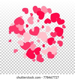 Pink Hearts Confetti Falling on Transparent Background. Valentine's Day Pattern. Romantic Scattered Hearts Design Element. Love. Sweet Moment. Cards, Banners, Posters, Flyers, Sales, Wallpaper.