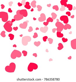 Pink Hearts Confetti Falling on White Background. Valentine's Day Pattern. Romantic Scattered Hearts Cute Texture. Love. Sweet Moment. Gift. Wedding. Anniversary, Birthday. Vector Illustratuion.