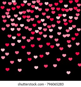 Pink Hearts Confetti Falling on Black Background. Valentine's Day Pattern. Romantic Scattered Hearts Design Element. Love. Sweet Moment. Gift. Wedding. Anniversary, Birthday. Vector Illustratuion.