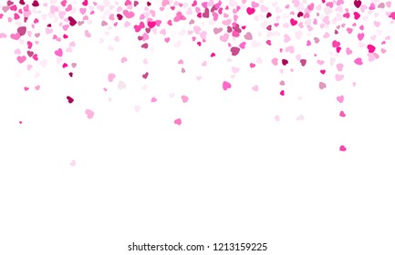 Pink hearts confetti frame border love symbols vector background. Marvelous falling hearts scatter illustration. Love concert holiday banner graphic design.
