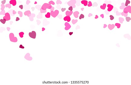 Pink hearts confetti frame border wedding vector background. Dreamy flying hearts shapes illustration. Love concert holiday graphic design.