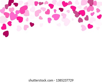 Pink hearts confetti frame border wedding event vector background. Fascinating falling hearts scatter illustration. 