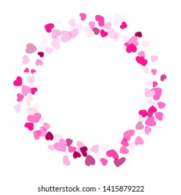 Pink hearts confetti frame border Valentines Day vector background. Glorious falling hearts scatter illustration. Love concert holiday graphic design.