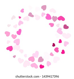 Pink hearts confetti frame border wedding vector background. Amazing flying hearts shapes illustration. Love concert holiday graphic design.