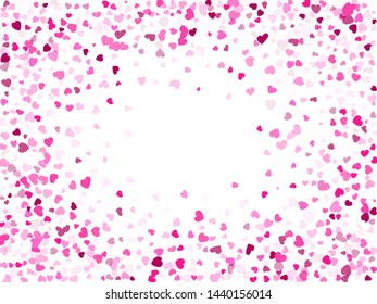 Pink hearts confetti frame border Valentines Day vector background. Fantastic falling hearts scatter illustration. 