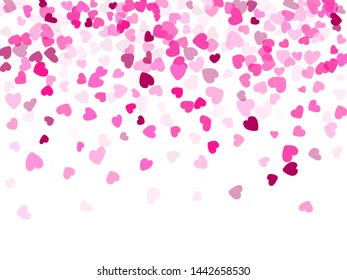 Pink hearts confetti frame border Valentines Day vector background. Dreamy flying heart shapes decoration graphic design. 