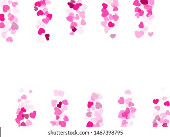Pink hearts confetti frame border invitation card vector background. Trendy falling hearts isolated illustration. 