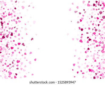 Pink hearts confetti frame border Valentines Day vector background. Marvelous flying hearts shapes illustration. Love concert holiday graphic design.