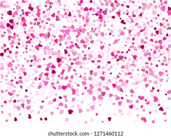 Pink hearts confetti love emotion vector background. Beautiful flying hearts shapes illustration. Love concert party graphic design.
