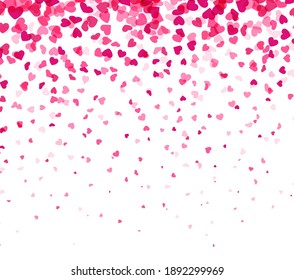Pink hearts confetti on white background. Love symbol. Valentine's Day. Card, flier, poster template. Vector illustration.