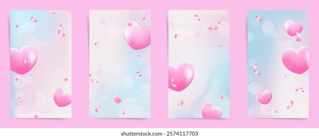 Pink hearts with confetti for phone layouts, love holiday, romantic wedding invites