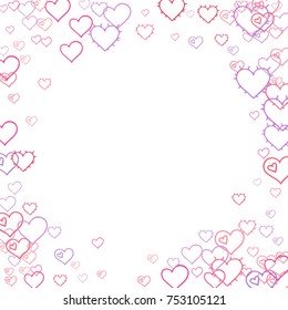 Pink hearts confetti. Scattered little red, purple, lilac love symbols. Random falling sketch  heart shape on white valentine background. Hand drawing texture. Vector illustration.