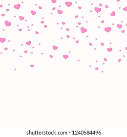 Pink hearts confetti. Valentines, Womens, Mothers day background with falling red and pink paper hearts, petals. Greeting wedding card. February 14, love.White background. Vector illustration.