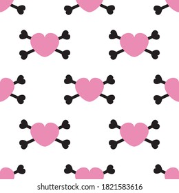 Pink hearts and crossbones seamless pattern. heart silhouette on white background. Abstract flat vector illustration.