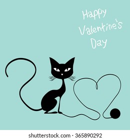 Pink hearts and cute cartoon cat. Flat design style. Vector illustration