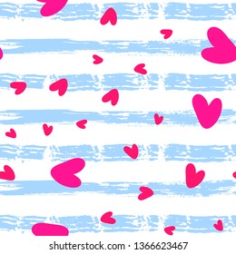 Pink hearts cute trendy seamless girlish pattern with texture on striped background. Hand drawn, grunge brush or charcoal texture. Applicable for paper or textile print, web banners etc