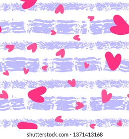 Pink hearts cute trendy seamless girlish pattern with texture on striped background. Hand drawn, grunge brush or charcoal texture. Applicable for paper or textile print, web banners etc