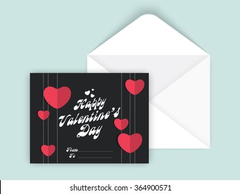 Pink hearts decorated beautiful greeting card design for Happy Valentine's Day celebration with envelope.