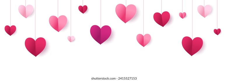Pink hearts decoration. Valentine's day frame, border. Wedding string ornaments isolated on transparent background. Mother's day garland. For banners, party posters. Vector.