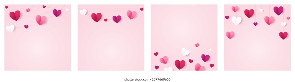 Pink hearts decoration. Valentine's day frame, border. Wedding string ornaments on pink background. Mother's day garland. Square format for social media. Vector.